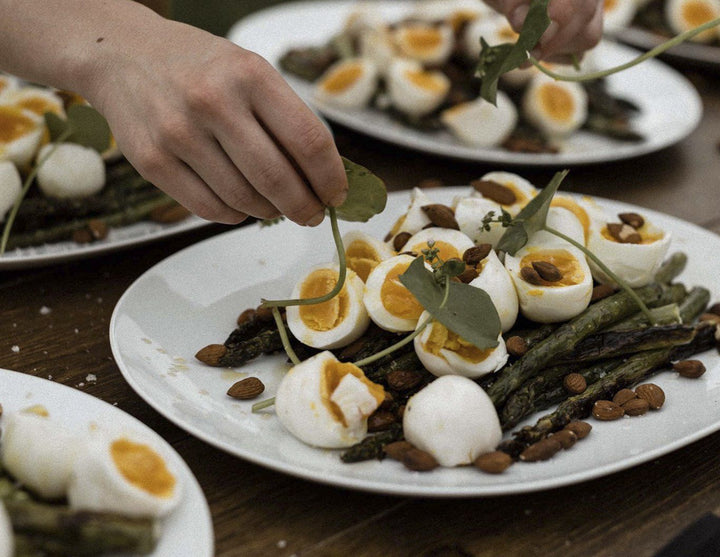 Grilled Asparagus, Pasture Eggs, Fire Roasted Almonds & Wild Herbs