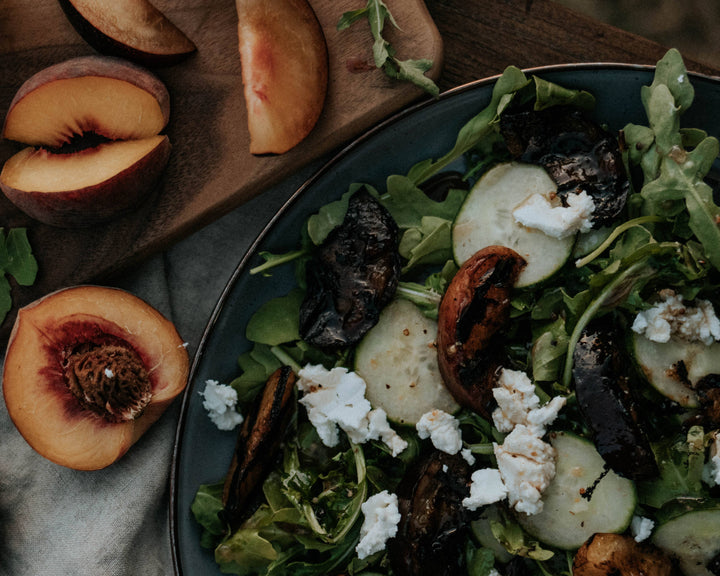 Balsamic Grilled Stone Fruit Salad with Goat Cheese and Tangy Golden Vinaigrette