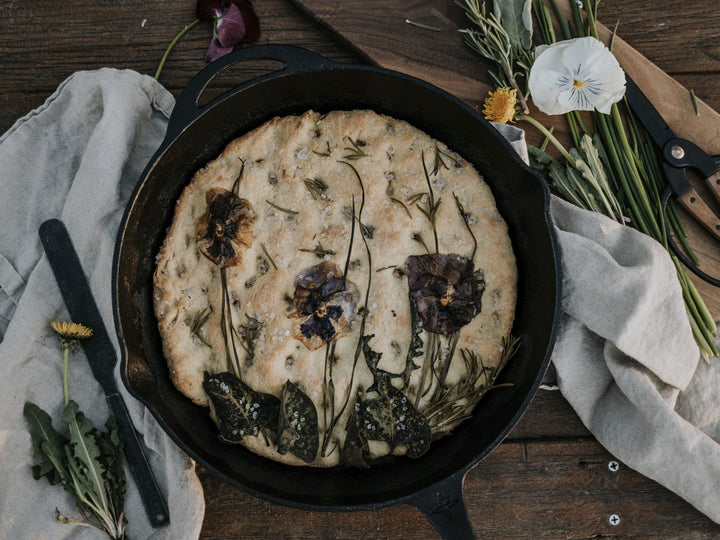Cast Iron Skillet Focaccia Bread with Wild Flowers
