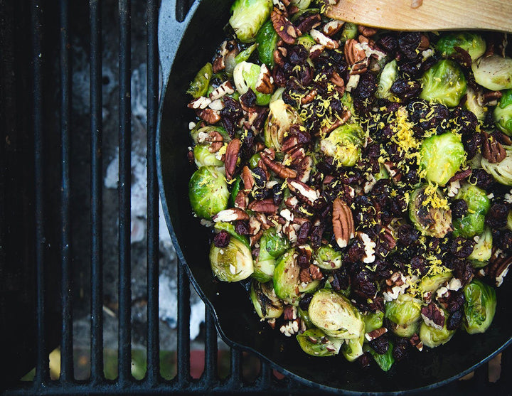 Skillet Bacony Brussels Sprouts with Pecans & Cranberries