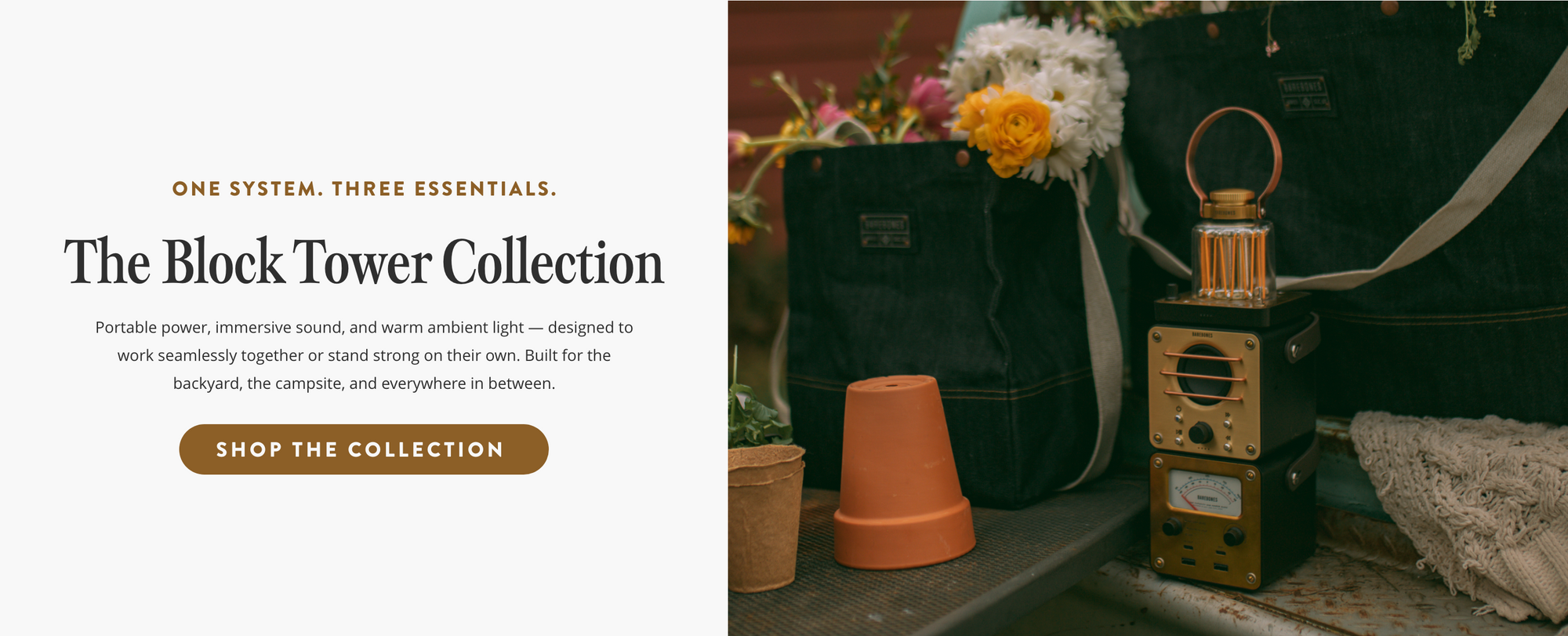 Promotional image for 'The Block Tower Collection' with a suitcase, lantern, and potted plants.