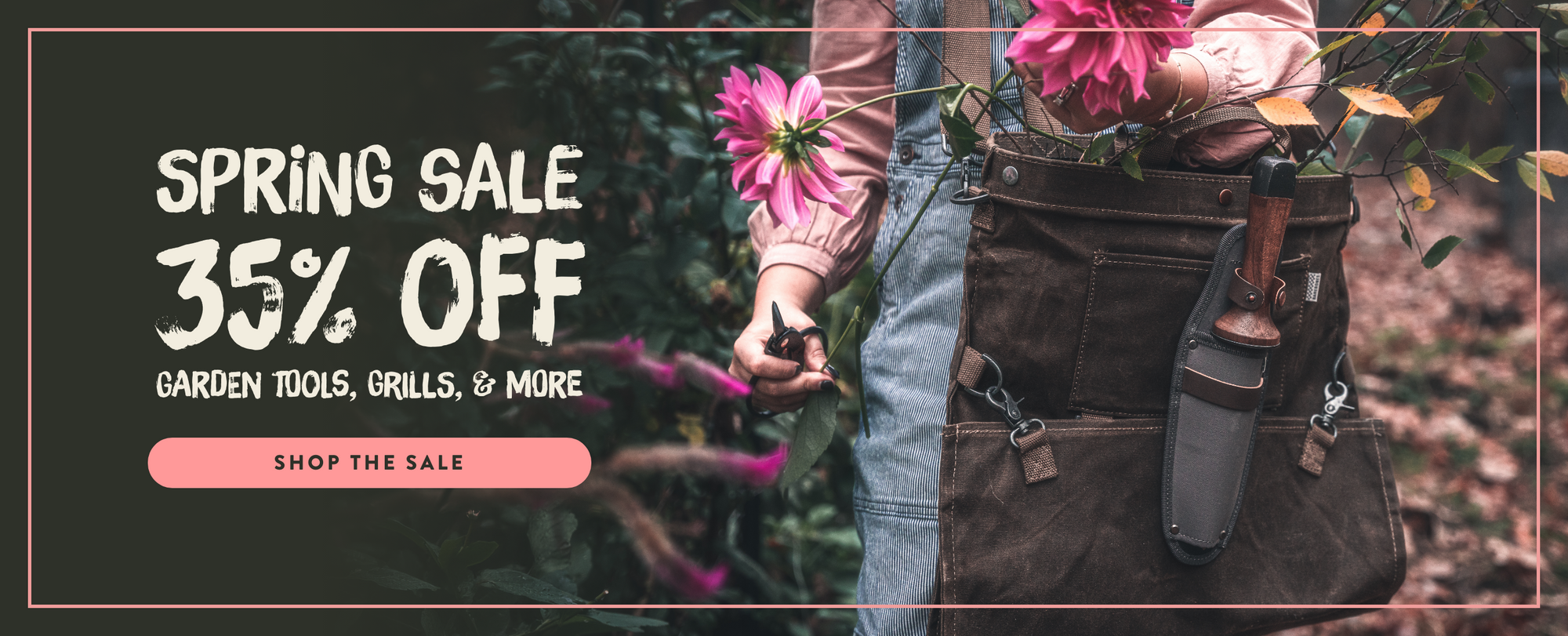 Promotional banner for a spring sale with a discount offer on garden tools, grills, and more, alongside a couple grilling outdoors.