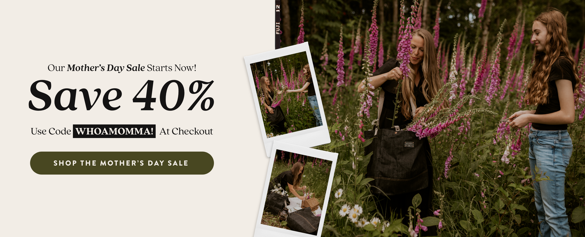 Our Mother's Day Sale Starts Now! Save 40%. Use code WHOAMOMMA! at checkout. Shop the Mother's Day Sale. Promotional banner for a Mother's Day sale with two women in a field of pink flowers.