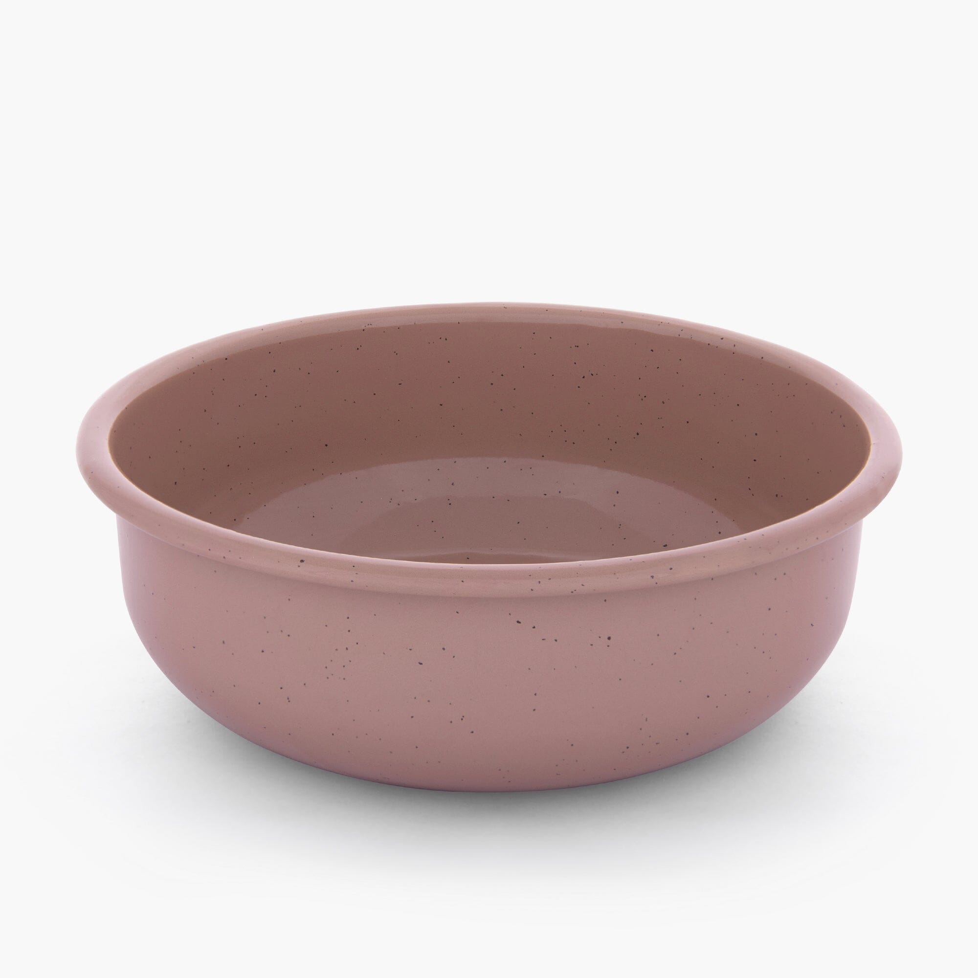 A dusty rose rolled enamel bowl on a white background