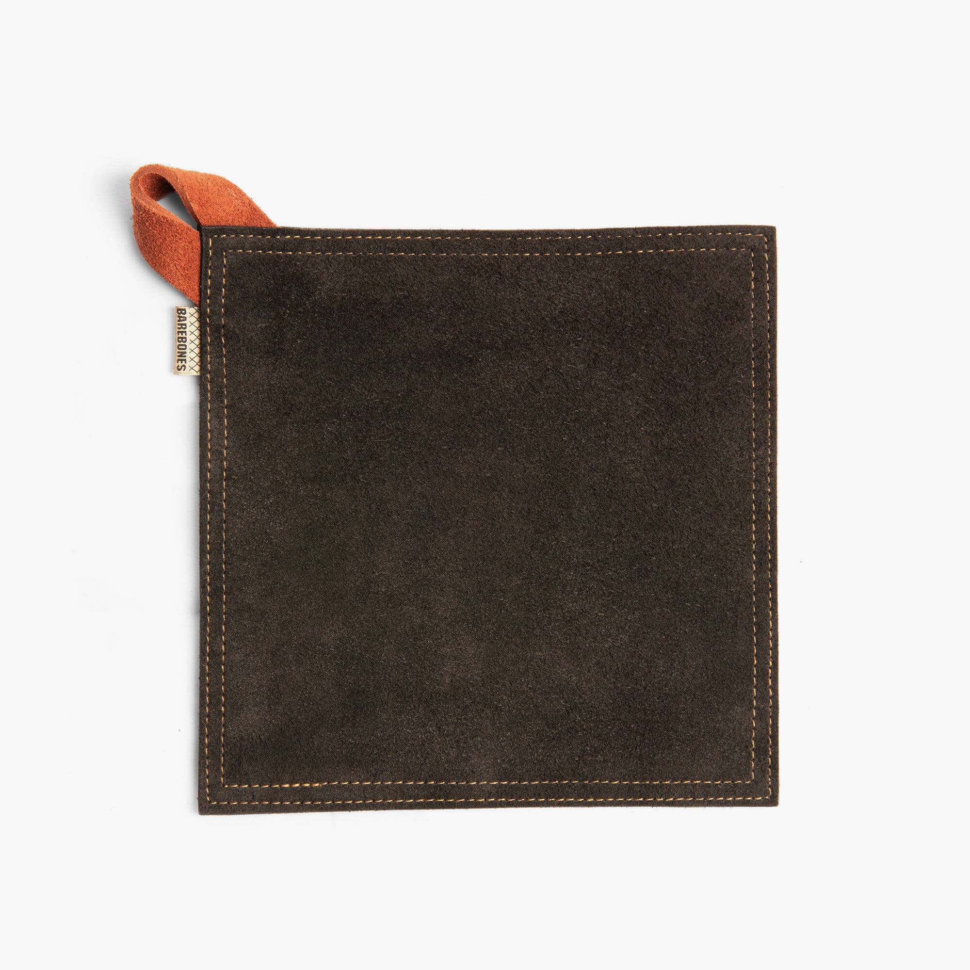 Black suede leather hot pad with a Terracotta hanging strap on a white background